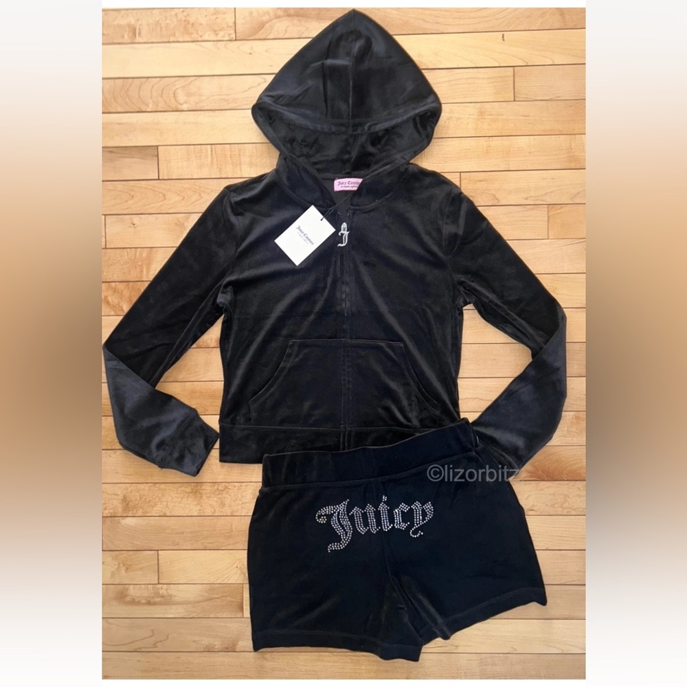NEW! JUICY COUTURE Velour OG Bling Hoodie & Shorts Set Black Size S